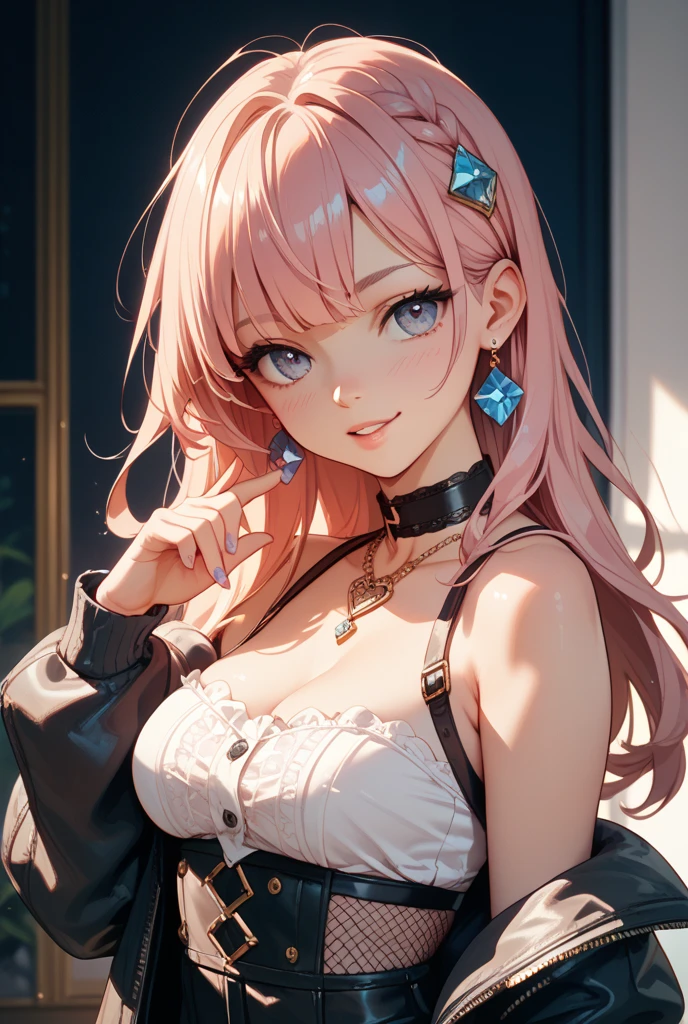 (8K, masutepiece, Best Quality, Official art, beautiful detailed, beautiful lighting, best masterpiece in history that exceeds limits), (1 Girl, Solo), (16 years old), (Beautiful detailed face), (shiny white skin), (Beautiful big bust, cleavage:1.3), (thighs), (Beautiful detailed pastel pink twin tails hair, Bangs:1.3), (beautiful detailed drooping pink eyes:1.5), break, (black and pink theme, Beautiful detailed black long tight dress, Thigh-High Slit Maxi Skirt, black See-through intricate lace, bow ribbon), (Beautiful Luxurious Diamonds Tiara), (happy smile:1.2), (Attractive, sensational, Look at the camera, cute pose), breathtaking scenery, (ultra detailed realistic beautiful luxurious night club, bar, neon light, Beautiful detailed blue Cocktail glass:1.2),