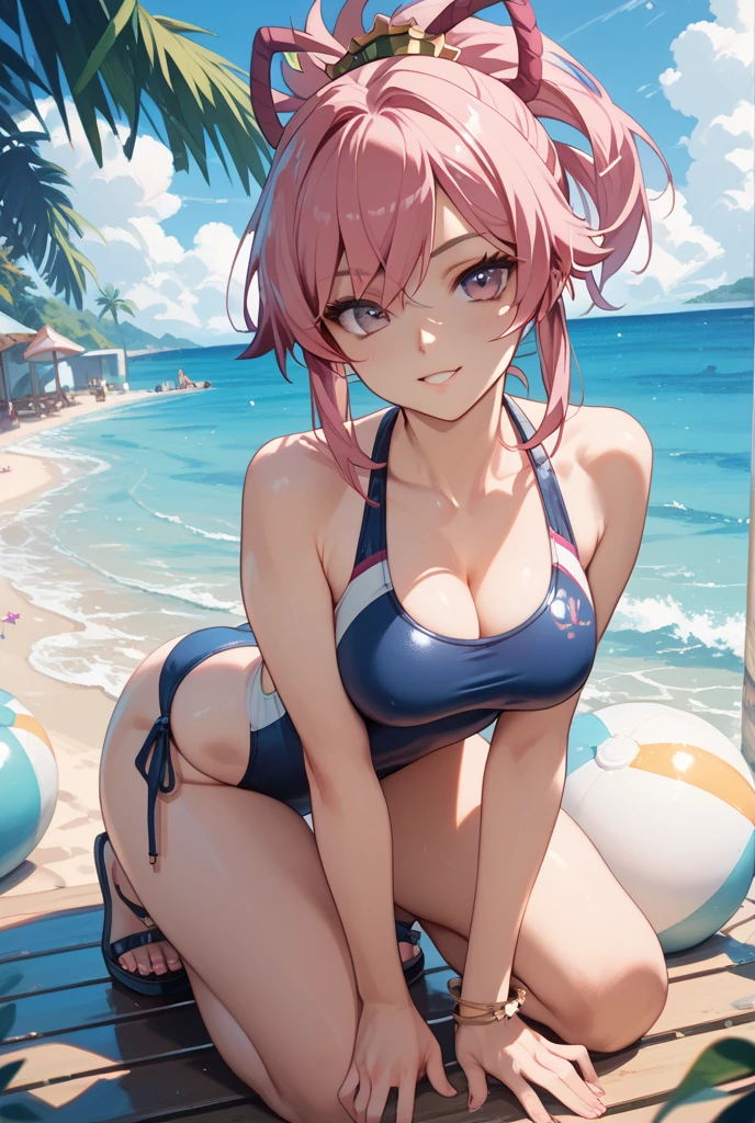 (masterpiece:2.0), (highest quality:2.0), (swimming naked on the beach:1.5), (extremely small see-through thong microbikini:1.5), (super sexy pose:1.5), (look up from below:1.5), (perfectly exposed shoulders:1.5), (perfectly exposed nape:1.5), (blushing face:1.5), (cover your chest with your hands:1.5), (spilling boobs:1.5), (realistic:1.5), 1 very cute girl, precise small hands, You look embarrassed when you look at me, light smile, innocent face, young face, clear eyes, shining eyes, small breasts, side boob is visible, shoulder is visible, cleavage of the breast is visible, no pubic hair, dynamic posing, beautiful skins, ultra-definition, Top resolution, Japanese high school student, pink hair