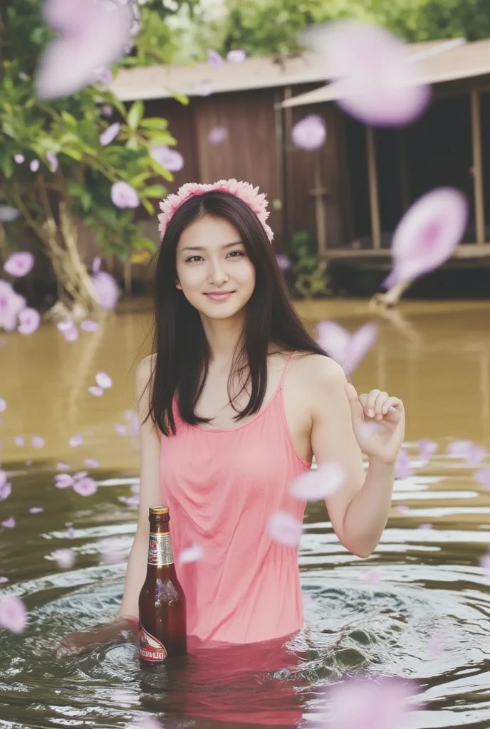 cute,  She looks as young as a 15-year-old idol.、cute20歳の日本人少女、Smiling Kindly、Cleavage、Forest campsite at night、bonfire、drink alcohol、whole body、RAW Photos、Genuine、Real、Realスティック、Raw photo、High resolution、Life、No copyright notice