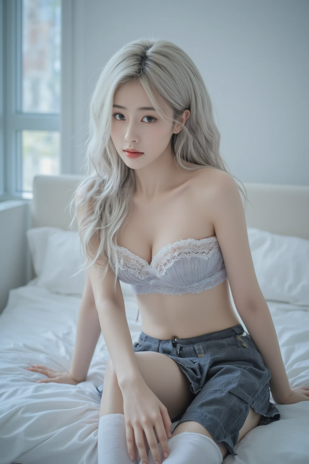 8K, Best Quality, masutepiece:1.2), (Photorealistic:1.4), Raw photo, Best Quality, 超A high resolution Beautuful Women Beautiful butt gigantic cleavage breasts tthin eyebrows on the beds (Huge breasts:1.2) silber hair silver blond white hair Pink clothes that make your body line look beautiful See-through off-shoulder knit japanes A sexy 2 limbs Close both eyes Open your legs see-through mini skirts See-through shorts Sleeping on your side Sleeping face down Sleeping on your back Alone Backshots emphasis on the buttocks