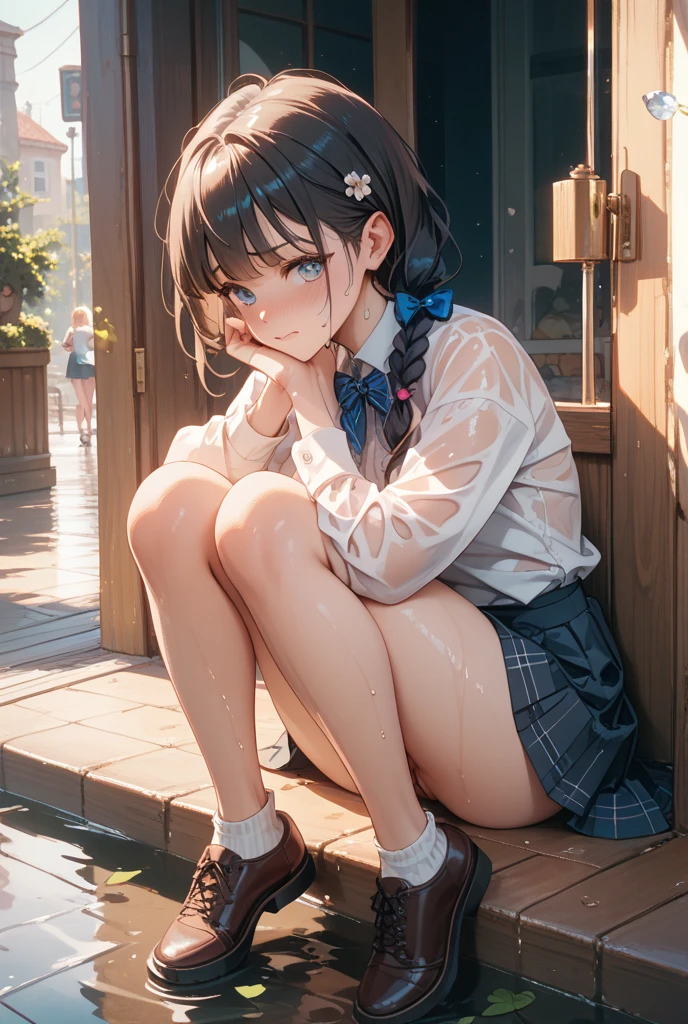 8K quality,(super masterpiece:1.3),Highest quality,Detailed Images,1 female,symmetrical beauty,20th Generation,Medium build,(smile,smile),(Black Hair,Curly Hair,High Ponytail,Big hair ribbon),(Thick eyebrows,Thick eyebrows),(Droopy eyes,blue eyes,Blue Eyes,Bright Eyes),(Thin glasses,Thin-rimmed glasses,Small glasses),(Large Breasts,F cupの胸),Tan Skin,(cardigan,Turtleneck sweater,Checkered Skirt,Long tights,Brown shoes),(Draw the whole body,Lift up your skirt,Lift up the skirt,Show your pants,I can see your pants,M-shaped legs,Bend your knees,Sit with your knees bent),(background:Deep Underwater,Full body in deep water,Fantastic underwater),(Face directly towards the camera,Looking directly at the viewer,looking at the camera,The body faces the viewer,The body is facing the direction of the camera,Face looking straight into the camera).