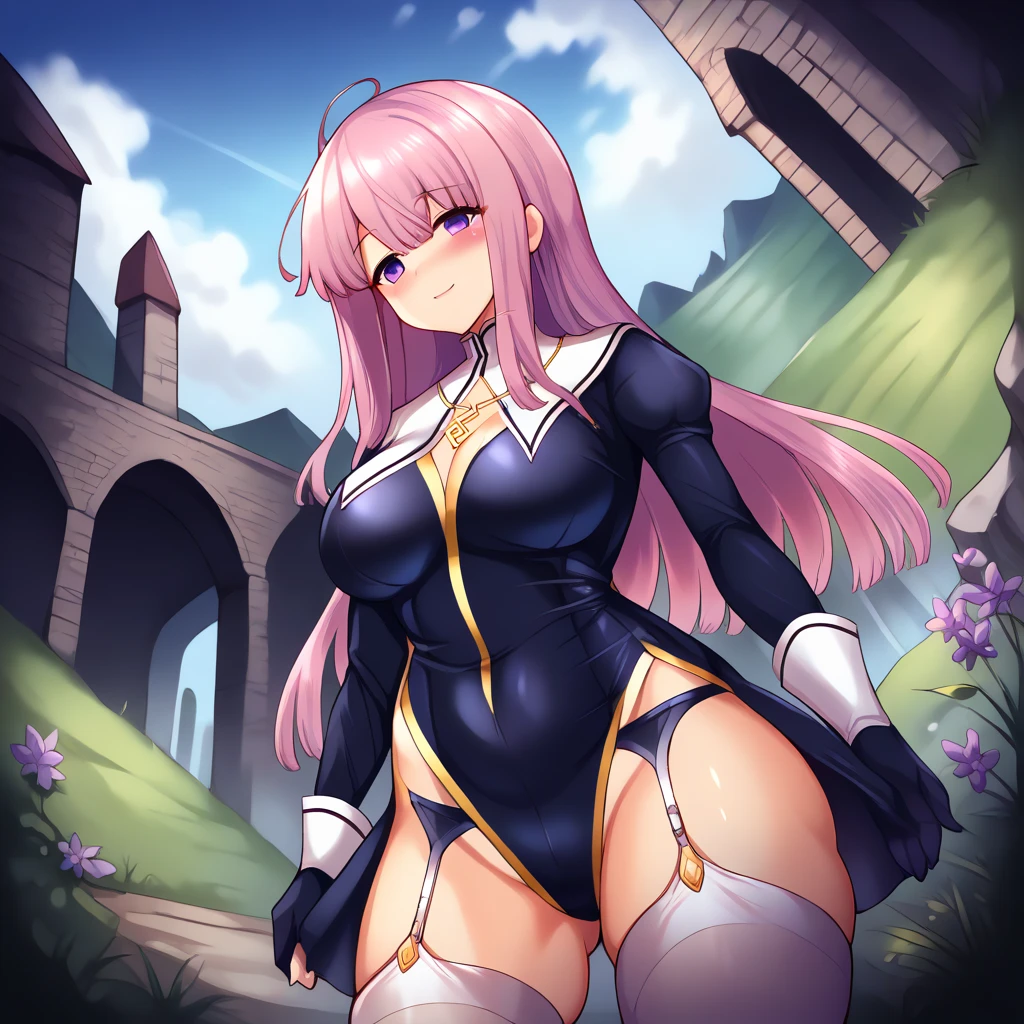 "(masterpiece:1.1), best quality, NSFW, 
1girl, (80s anime style:1.3), (eyelashes:1.5), (loli:1.2), 
(intricate high detailed body:1.2), 
(pink hair:1.1), (hair over one eye:1.1), (ponytail:1.1), (hair ornament:1.2), 
red eyes, (thick eyebrows:1.1), 
(gigantic breasts:1.3), 
(grin:1.2), 
(lace body suit armor:1.2), (pantyhose:1.2), 
(knight armor, armored boots:1.2), (frill:1.1), (hoop earrings:1.1), gloves, 
bent over, looking back, 
(back view, ass focus:1.2), 
(upper body, cowboy shot, looking at viewer, from front:1.1),
(daytime, grassland, outdoors:1.2)"