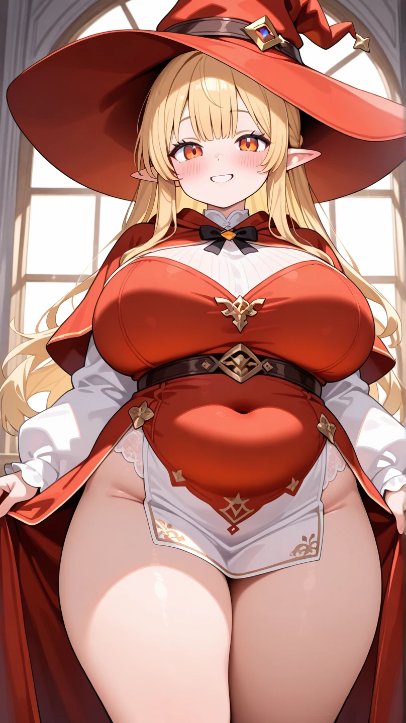 (Insanely detailed super accurate anime illustration),ultra cool girl character,demon queen, pregnancy, Sexy Red maternity dress, black cape,blonde long drill hair,cute huge belly,laugh,