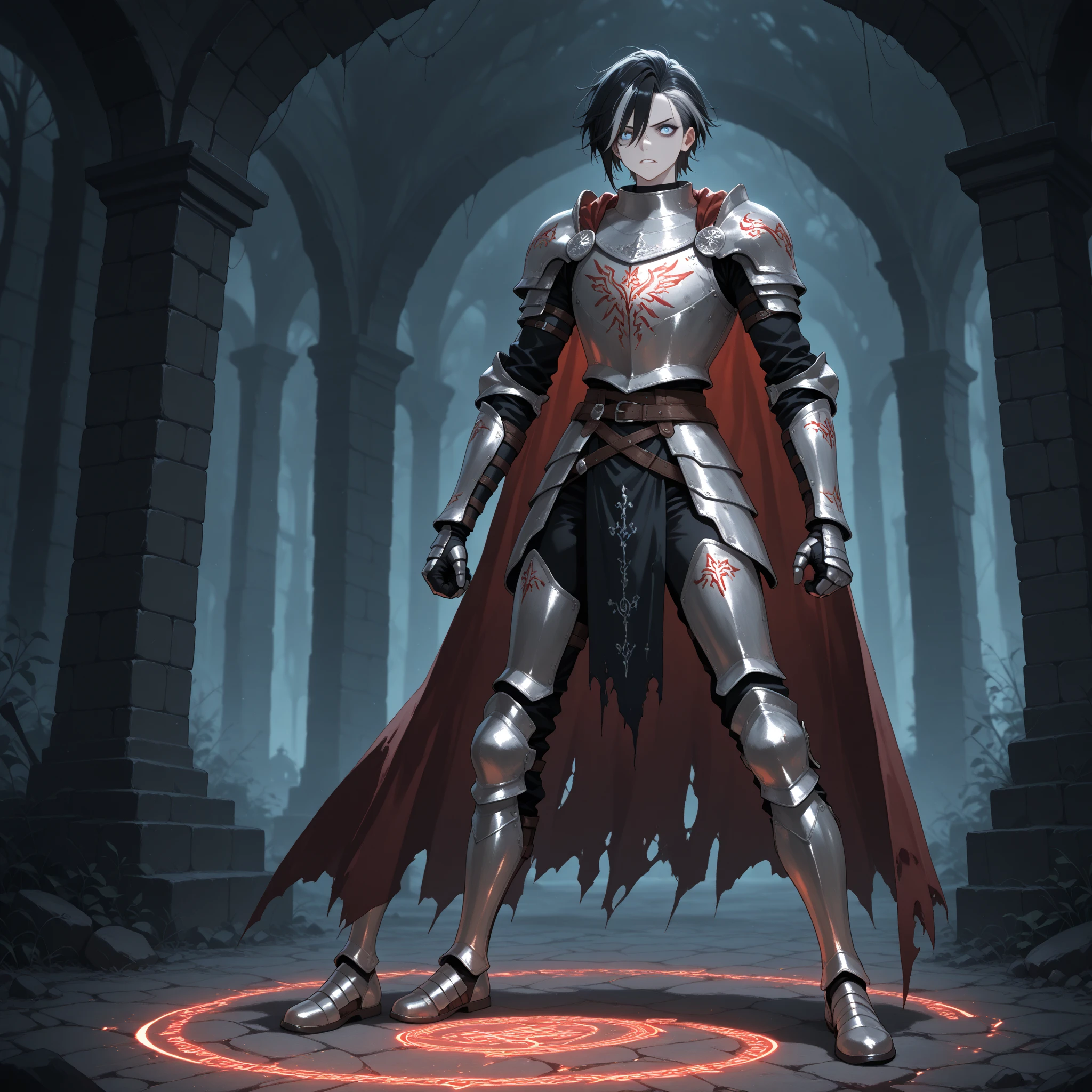 A warrior in all-black armor and full of thorns, with his arms praising the heavens in a world all dead and rotten