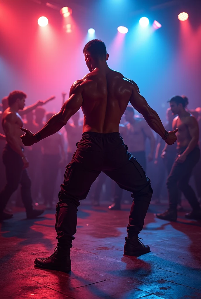 a large group of shirtless men wearing sexy leather and fetish gear dancing in a dimly lit nightclub