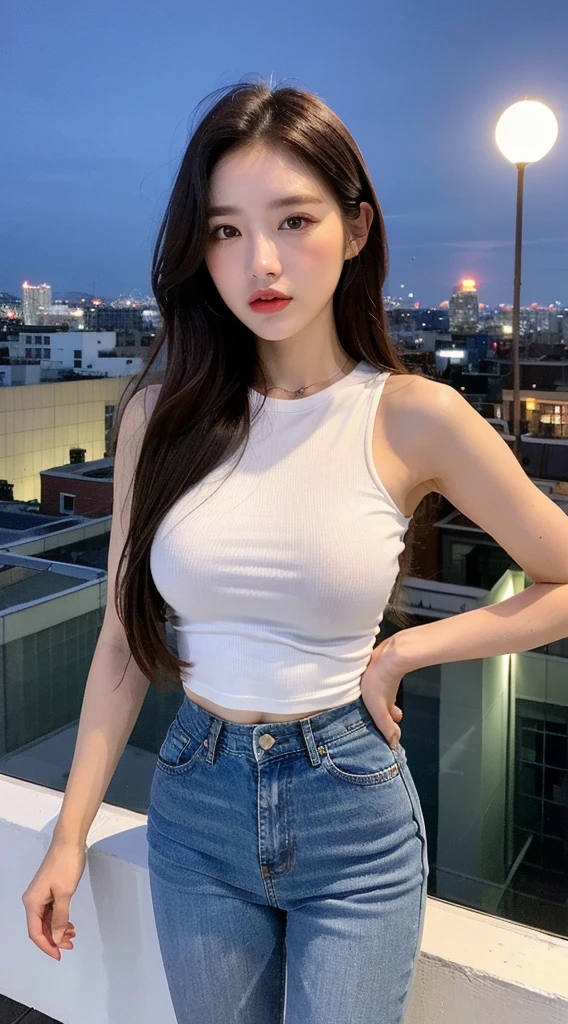 ((Midnight, Best quality, 8k, Masterpiece :1.3)), Whole body, Long legs, Sharp focus :1.2, A pretty woman with perfect figure :1.4, Slender abs :1.1, ((Dark brown hair, Big breasts :1.2)), (White tight tshirt, Jean bib, Standing:1.2), ((Night city view, Rooftop:1.3)), Highly detailed face and skin texture, Detailed eyes, Double eyelid
