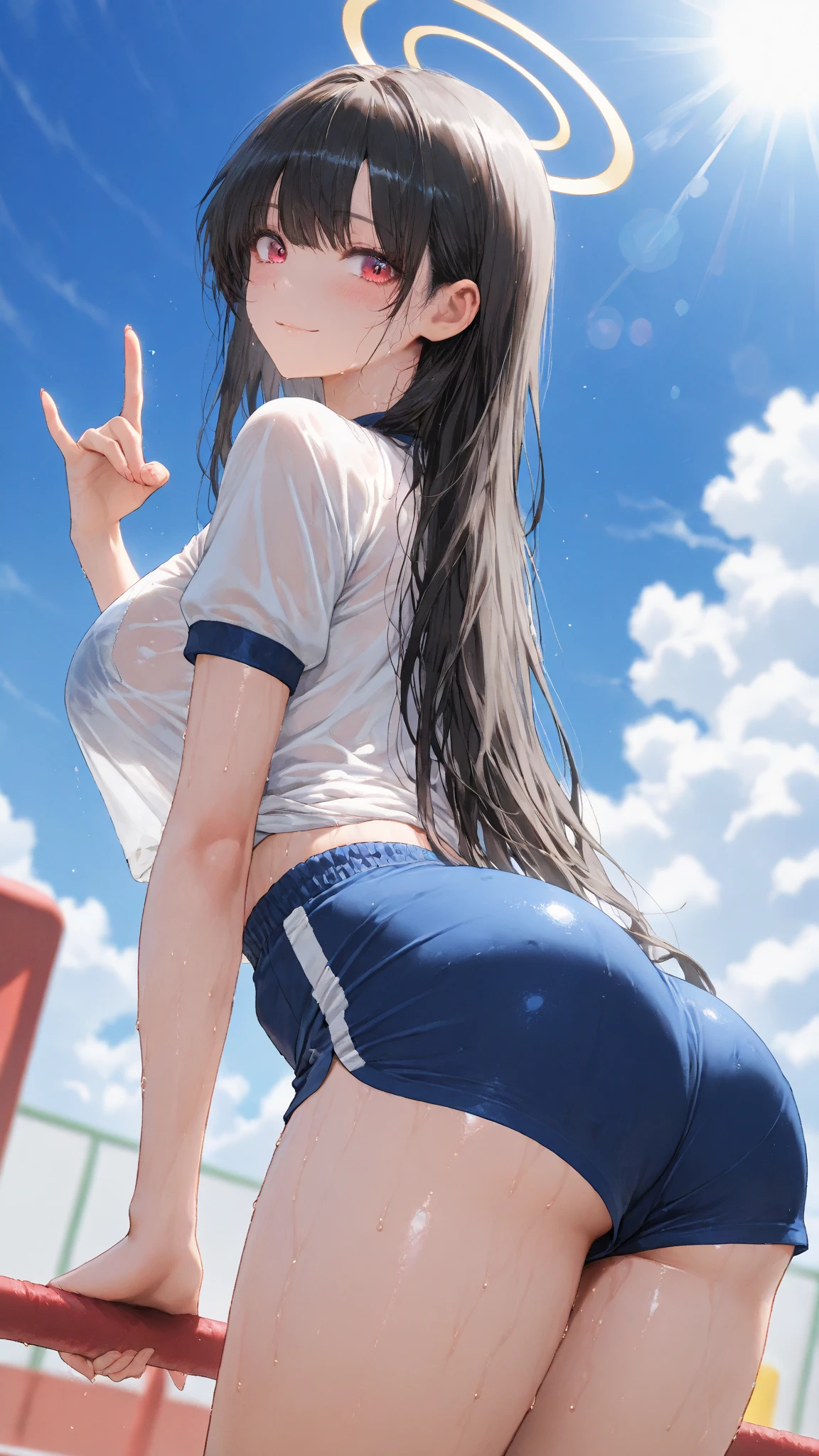 Female Athletes, ((masterpiece, Highest quality, Best image quality, High resolution, Realistic, RAW Photos, 8K)), ((非常に詳細な CG 統合 8K 壁紙)), (Huge and stunning goddess shot, Very hot and sexy, Incredible beauty, Perfect proportions, Beautiful body, Slim body beauty:1.4), Female Athletes on the track, スポーツブラを着用したFemale Athletes, trunks, shoes, Sweaty, White running sweatshirt, Outdoor, On a very hot day, Keep your hands on your hips、stand with feet apart, Look up at the sky, From behind, Amidst enthusiasm and cheers, With the right hands and fingers, Detailed skin and sweat,Showing off pussy、With bangs、From below、(Spread your legs:1.3)、Race number、School name on bib、Company name on bib,Looking straight at the camera