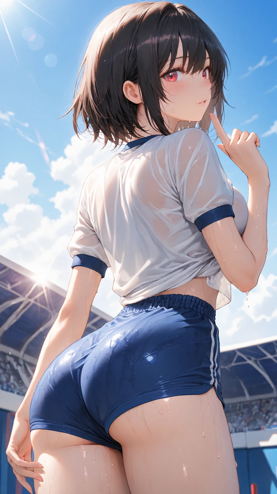 ((melhor qualidade)), ((obra de arte)), (detalhado), rosto perfeito, de 23 anos, levantando a saia, ((roupas curtas)), na escola, pele molhada, (two arms ), mulher Linda , corpo perfeito, medium big ass, roupas molhadas