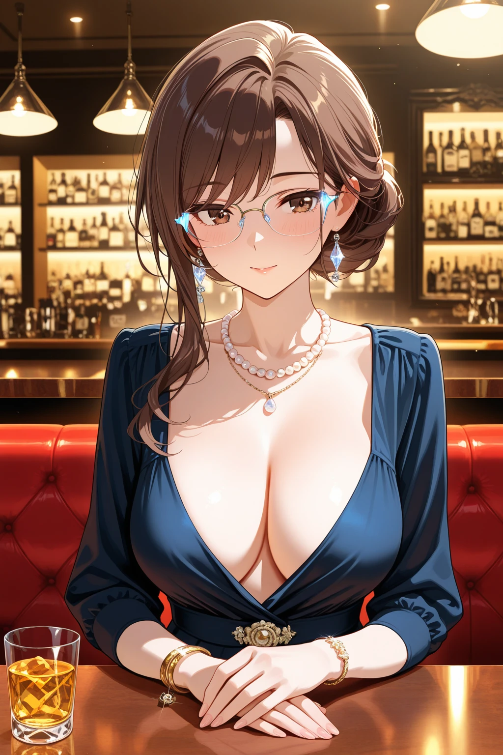 portrait photo of BrittBaker beautiful woman (Mila Kunis, huge breasts overexposed) hair updo upsweep nightclub sitting at bar (masterpiece) (best quality) (detailed) (8k) (HDR) (wallpaper) (cinematic lighting) (sharp focus) (intricate)
