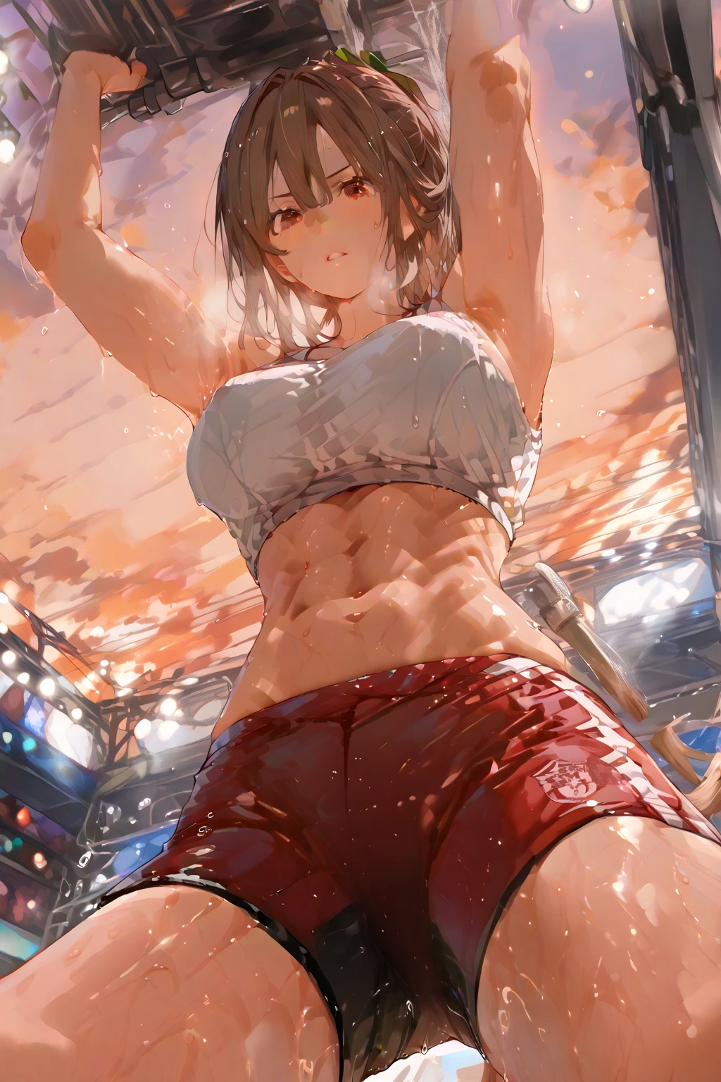 NSFW, (4+girls:1.5), (nude), tanned skin, dark tanned skin, oil, (muscular:0.7), thin waist, (abs:1.3), tan lines, medium breast, dynamic poses, lesbian interactions, sexual interactions, girls playing together, removing clothes, strip tease, sexual tension, squeezing boobs, grabbing ass, masterpiece, top quality, ultra high definition, highest resolution, very detailed, perfect face, professional lighting, clean skin, CG illustration, slender, very cute, young face, underboob, cleavage, lower breast, wet body, (breasts out:1.4), different hair colors, short hair, pixie haircut, semi-long hair, different hair cuts, hair ribbon, blush, navel, point of view from behind, from below, wet body, (breasts out: 1.4), (plastic bag 1.2), transparent swimsuit, beach, sand, blue water, (wind: 1.3), girls playing behind, showing ass, perfect ass, black necklace choker, nude, naked, lifting jacket, saturated colors