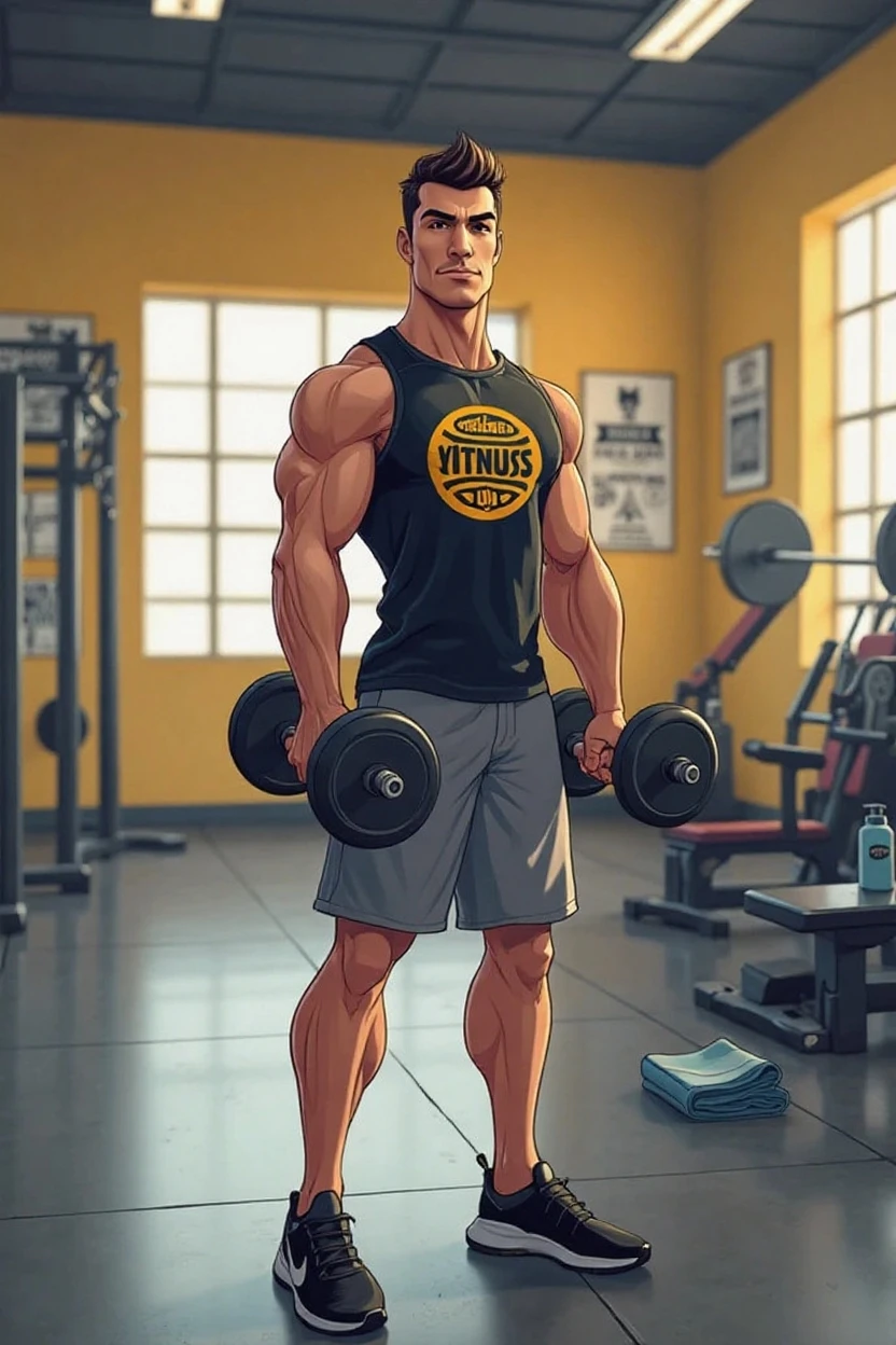 Robust athlete man, upper body revealed, legs uncovered from thighs to feet, bearded with beaded accents, flowing long curls, meticulous muscle definition, lifelike representation, 4K quality. Background: Gymnasium with weights and exercise equipment.,32k uhd, best quality, masterpiece, super detail, high details