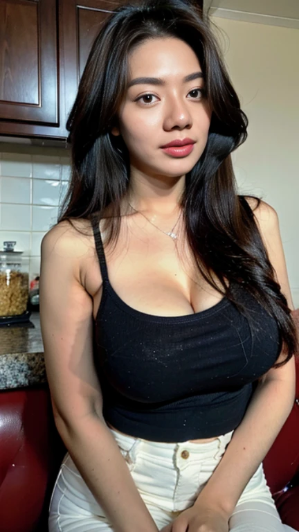 Close up photo of white woman in 20s, perfect face, long curly brown hair, wearing tight black workout clothes, chest covered in cum, small breasts