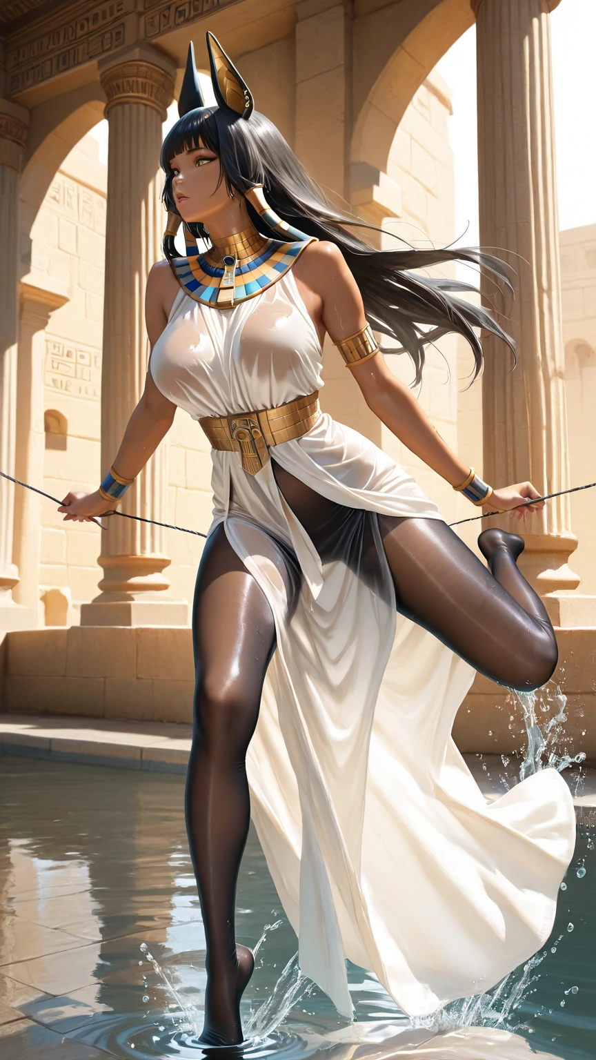 ancient egyptian woman, Nude, Pretty, Extreme shape., kneeling, One leg dipped in water., One leg on the grass, Hold the pitcher in your right hand and pour water into it.., His left hand held a pitcher and poured water onto the grass.., Sit facing to the side, The sky is about to get dark.., There is a meadow.., The right leg covers the penis..