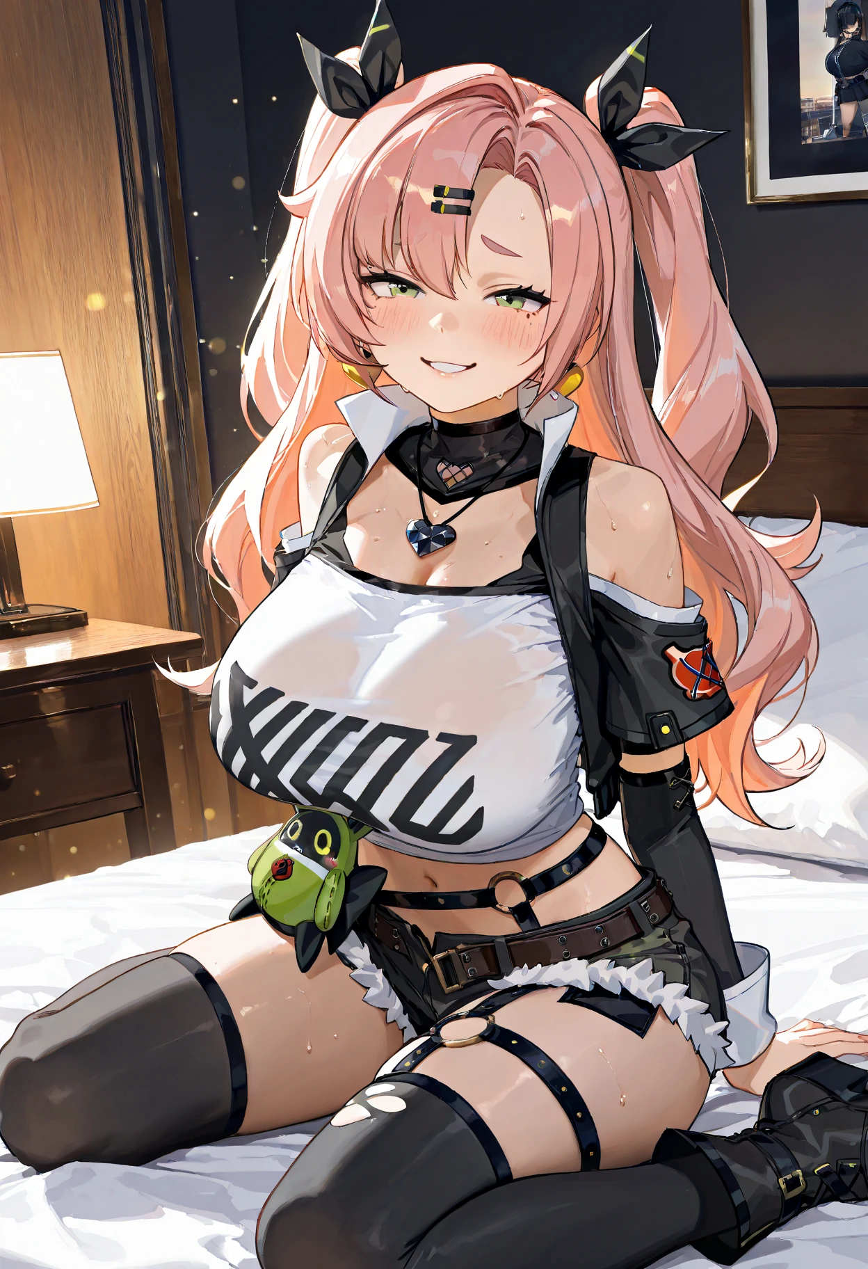 masterpiece, best quality, absurdres, perfect anatomy, 1girl, solo, Zooey, dark skin, long hair, Trick or Treatment Cosplay, revealing clothes, shrug \(clothing\), short sleeves, layered bikini, purple bikini, green bikini, belt, nurse cap, microskirt, green gloves, thighhighs, garter straps, lying, on back, on bed, smile, medium breasts