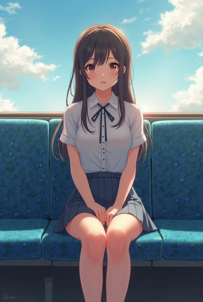 masterpiece, Highest quality, High resolution,alone, Accurate human body、Knowledgeable person、Correct five-finger, A woman with a mobile phone is sitting on a train, a hyperRealistic school girl, hyperRealistic school girl, Surrealistic full-body portrait, Ultra realistic anime, Ultra-realistic painting, Spread your legs, I sat on the train, Giant Art, Realistic school girl, Big thighs, Photorealistic Animation, Fully clothed. Sexy Painting, I can see your feet ,Panty shot