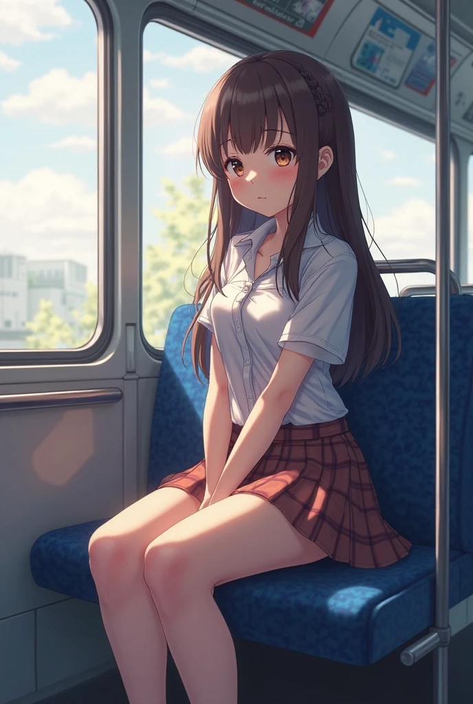 long hair, looking at viewer, blush, smile, open mouth, bangs, blue eyes, multiple girls, skirt, brown hair, shirt, black hair, short sleeves, brown eyes, long hair, sitting, white polo shirt, pleated skirt, outdoors, open clothes, shoes, day, socks, striped, collared shirt, hand up, 3girls, bag, plaid, kneehighs, nose blush, plaid skirt, brown footwear, flying sweatdrops, loafers, grey skirt, school bag, diagonal stripes, train station