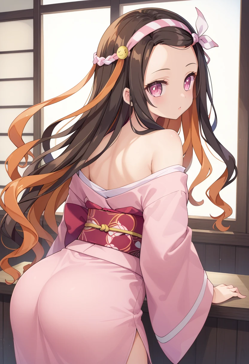 score_9, score_8_up, score_7_up, nsfw, (Demon Slayer, kimetsu no yaiba style), nezuko kamado, (1girl, solo), (wavy hair, long hair, two-tone hair, multicolored hair, black hair, orange hair, hair ribbon), forehead, (pink eyes, slit pupils), (pink kimono, undressing, bare shoulder, (bare buttocks, hip)), (embarrassed expression, blush), (from behind, looking to the side), old style Japanese room back ground