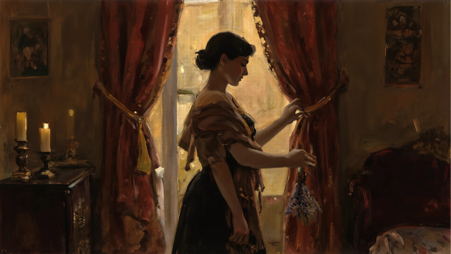 <lora:William Merritt Chase Style:1>William Merritt Chase Style - Beautiful brunette woman from behind wearing a shirtdress, oil painting