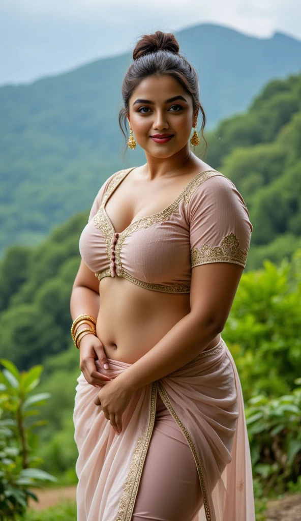 daytime view, close up shot of samantha from top view, wearing pink thin sleeveless saree ,deep cleavage,big cleavage, sleeveless blouse, walking in forest, looking to camera, big and curvy cheeks, hourglass figure, sexy navel, swooping breasts, ponytail, necklace, (cinematic:1.3), intricate details , (ArtStation:1.2)rendom nudity