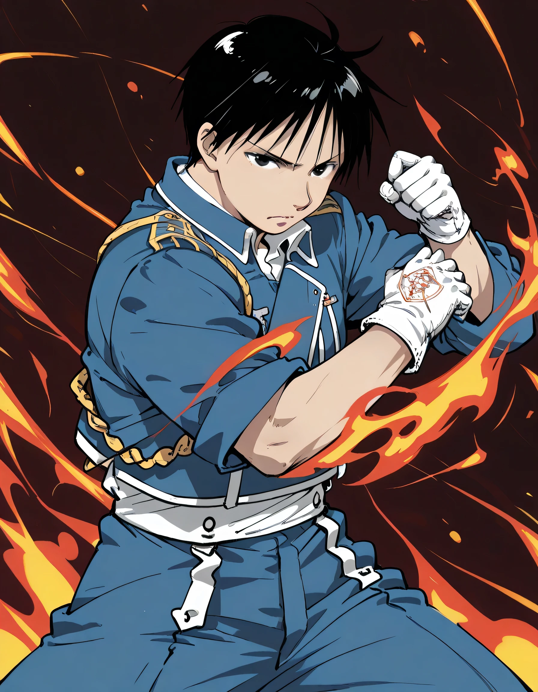 (dynamic angle,dynamic flame magic fighting stance),1boy , solo ,upperbody, male focus , roy mustang , black hair , black eyes , military_uniform,white gloves,soft lineart,memorial shot,darkness magic background,