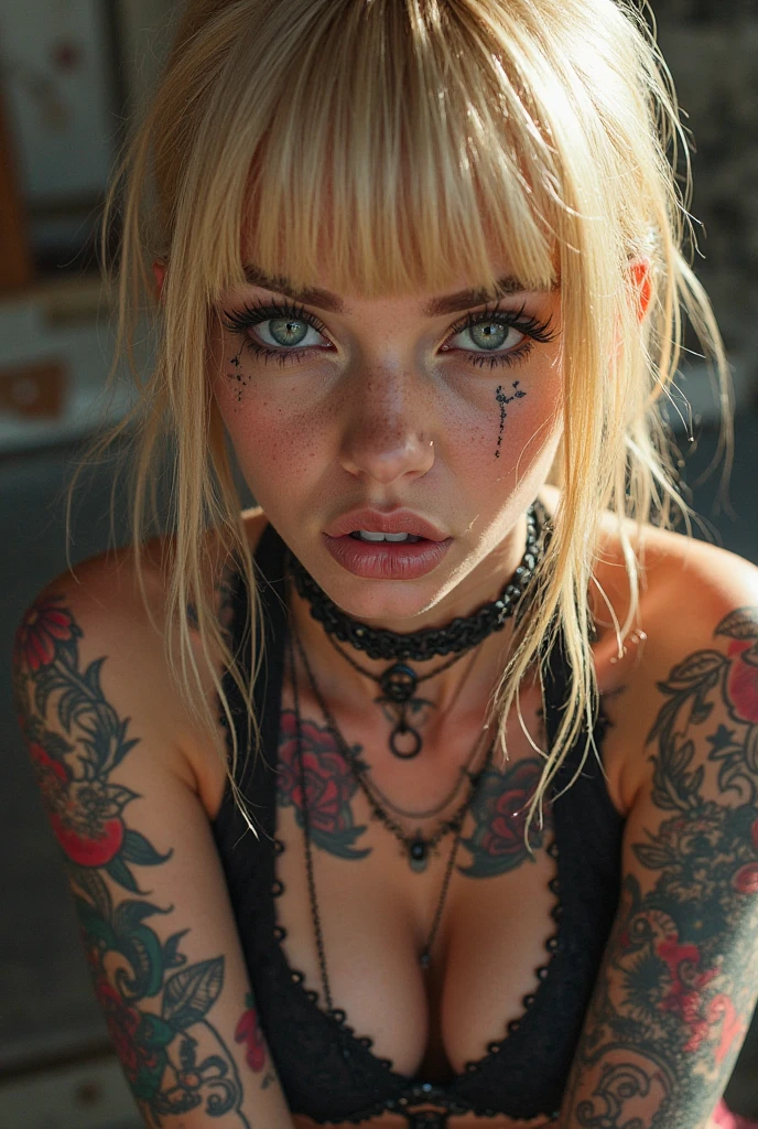 selfie, wink, cute baby-face woman, attractive and seductive expression, shy, blonde straight hair, forehead, make-up, blue eyes, superlative body proportion, covered in tattoos, wearing loose knit shirt, tight fitting leather pants, engineer boots, artistic, hyper, graphic CG digital art That she is angry
