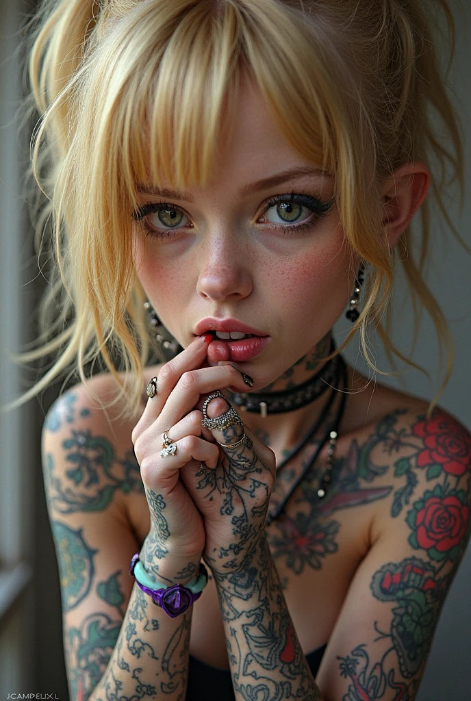 (RAW photo, best quality), Cute naked jinx girl with blond hair, ((blond hair)), (double ponytail blond hair), (hair over one eye), (alley background), sunlight, very dark eyeliner, jinxlol, happy smile, gorgeous face , super cute, punk, healthy face, (puffy cheeks), 19 years old , young looking, hyper detailed face, detailed skin, heavy dark eyeliner, ( small sized breast), (thin waist, slender, skinny), LowriseXL, ((leaning back against wall)), ((hip chains)), ((black collar)), beautiful throbbing penis, exposed midriff, flower tattoos, ((((navel piercing)))), ((rock hard six pack abs)), perfect eyes, (((chest pressed forward)))