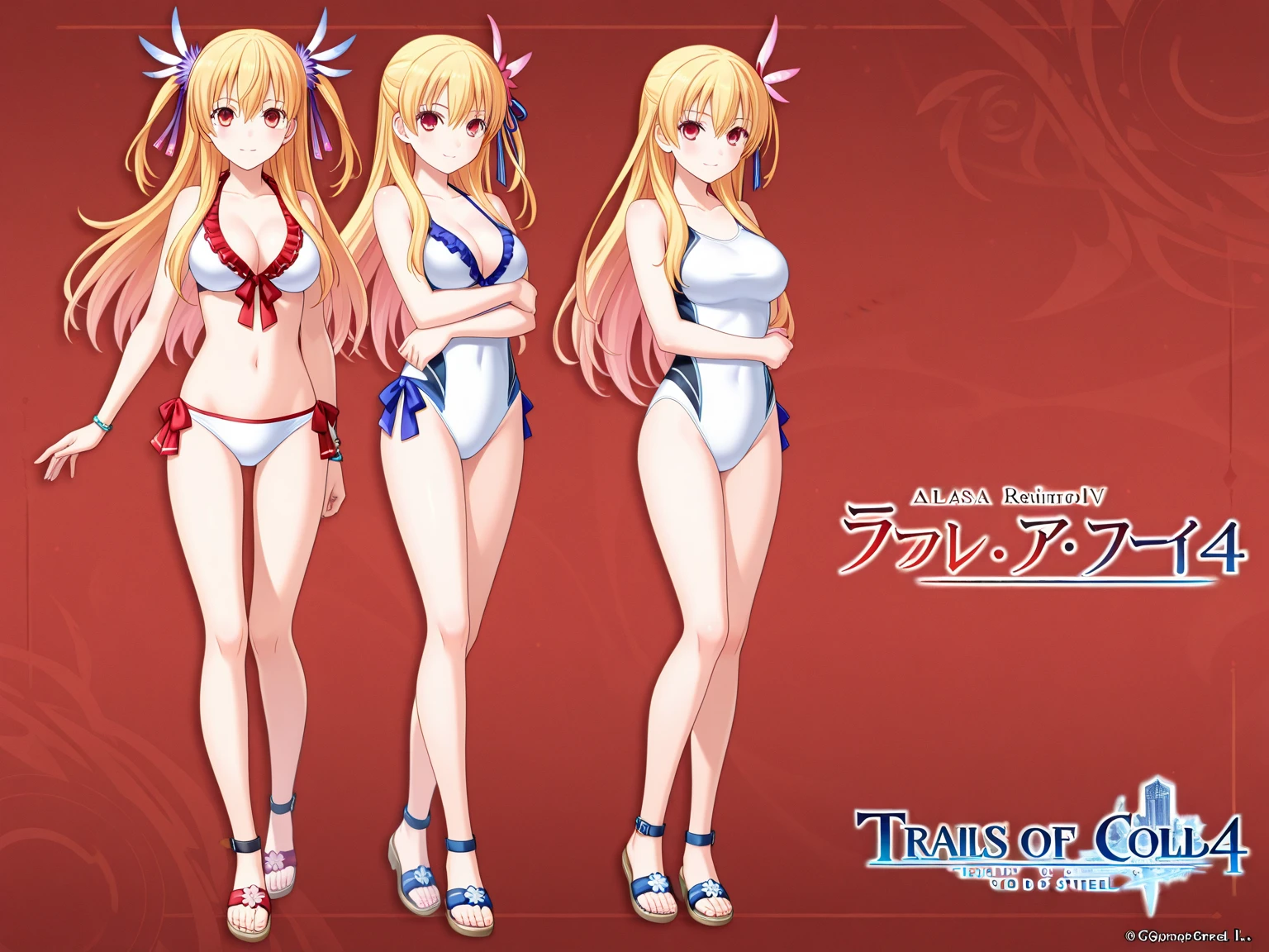3 female students wear bare shoulders to school ， Blonde beauty with long flowing hair and beautiful legs 