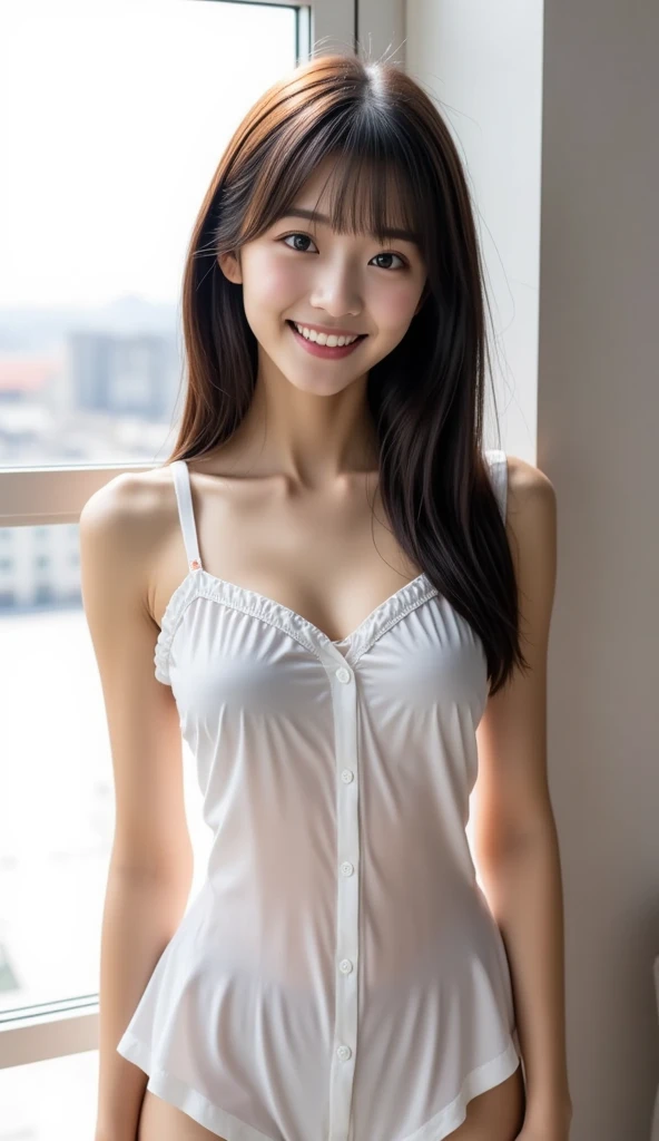 ((Highest quality, 8K, masterpiece: 1.3)), 1 Female, The beauty of slim abs: 1.3, (Hairstyle Casual, Big ample breasts: 1.2), Wet Skin, Ultra-fine face, Detailed eyes, double eyelid, smile, Formal shirt, Exposing cleavage, gigantic breasts: 1.3, cleavage: 1.3, Armpits,Leaning,forward, Black Hair,Tight bare legs, Full body description,White skin,mini skirt: 1.3,Girl with perfect body,Long Hair,Inside the room