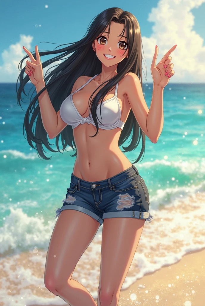 #Basics A girl is posing for a photo, animeのかわいい女の子, (((One Girl, Baby Face, Young girl, 16 years old))), 
BREAK 

#Clothing Accessories 
((Shorts bikini:1.4, Sandals with heels, Have a beach ball)), 
Gold Hoop Earrings, Fancy Necklace, Gold bracelet decorated with blue gemstones, 
BREAK 

#Features 
((Black Hair:1.4), (Bangs that expose the forehead:1.4 (ponytail : Long Hair + Thin Hair + Hair blowing in the wind)),  
(Droopy eyes, blue eyes), (Small breasts),  
BREAK 

#background environment 
((noon, Sunshine, blue sky, Tropical resort beach)), 
#Facial Expression Pose
((A happy look, blush), (Confident and powerful pose with hands on hips, Armpits are visible)), 
#composition 
((Face the camera, Angle from below, Cowboy Shot)), 
BREAK 

#Body parts elements 
(Detailed hair, Beautiful Hair, Shiny Hair), 
(double eyelid, Long eyelashes), 
(Expression of fine eyes, Beautiful and delicate eyes, Sparkling eyes, Eye Reflexes, Glitter Eyeliner), 
(Human Ear), 
(Beautiful Nose, Thin Nose), 
(Glossy lips, Beautiful Lips, Thick lips, Glossy Lips, Natural Cheeks), 
(Detailed face, Symmetrical facial features), 
(Detailed skin, Textured skin, Beautiful Skin, Shiny skin), 
BREAK 

#Quality 
(((Highest quality)), ((masterpiece)), ((Very detailed))), ((High resolution), (16K,1080P)), 
(Realistic), (Anatomically correct), 
((comics, anime)), (3DCG), CG illustration,
