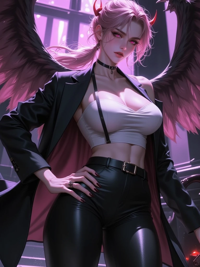 a fantasy anime comic picture of an mecha angel wearing black leather jacket, ((full body: 1.5)), exotic beautiful angel ((anatomically correct: 1.5), (ultra detailed face: 1.2), best detailed face, busty, folded wings, white angel wings, (white mecha armor: 1.3), she is wearing ((black leather jacket: 1.5)), intricate leather jacket, loose leather jacket, glam leather jacket, jacket has metallic studs, wearing (silk dress: 1.3)  (dynamic color dress)), wearing thigh high heeled boots, cyberpunk church background, , vibrant, Hyperrealism style, vibrant, Ultra-high resolution, High Contrast, (masterpiece:1.5), highest quality, Best aesthetics), best details, best quality, highres, ultra wide angle, 16k, [ultra detailed], masterpiece, best quality, (extremely detailed) RAW, feathered wings, Hyperrealism style