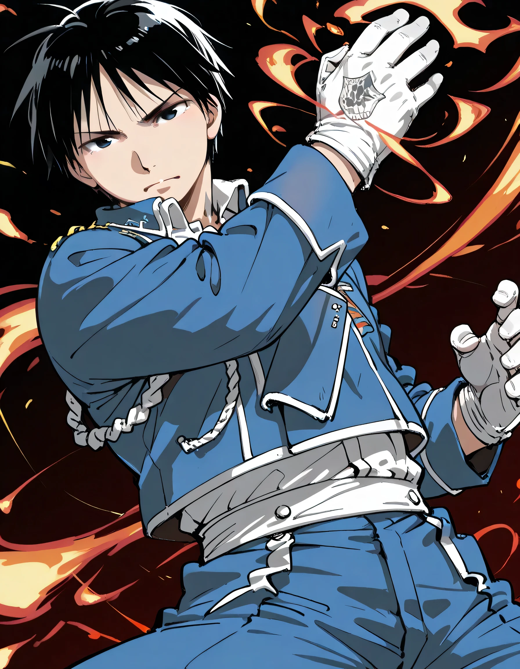(dynamic angle,dynamic flame magic fighting stance),1boy , solo ,upperbody, male focus , roy mustang , black hair , black eyes , military_uniform,white gloves,soft lineart,memorial shot,darkness magic background,