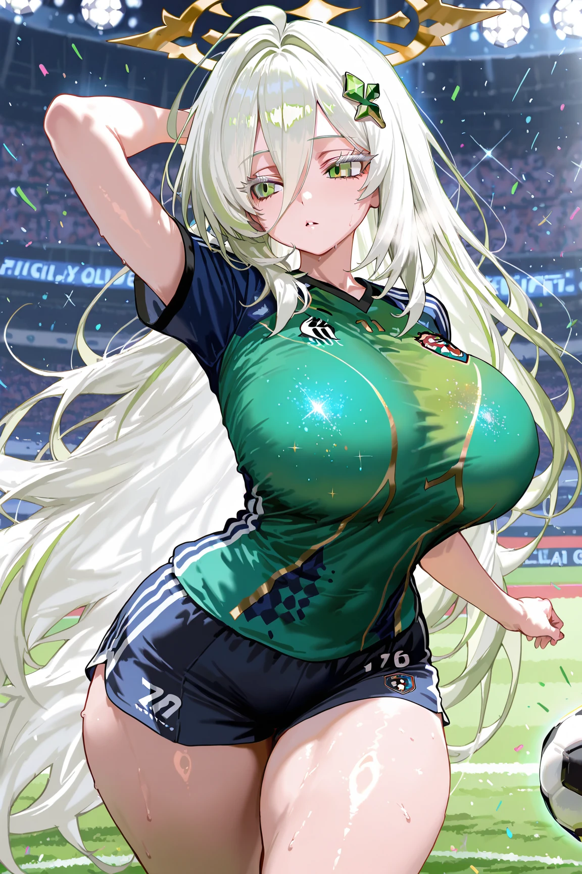 ((highly detailed)), ((nikke)), ((soda: 1.2)), perfect human hands, (great breast:1.1),masterpiece, best quality, ultra-detailed, glistening shiny, glowing light, ray tracing, HDR, deph of field, (perfect face, detailed face, detailed eyes,perfect hands,perfect fingeredium :1.2),8k,HD,ultra realistic face,ray tracing,perfect lighting,best quality, ultra-detailed, shiny eyes, ( smile:1.1), ((1girl:1.2)),cowboy shot,thicc,streaked_hair,((green gradient hair)),multicolored eyes, gradient eyes, red eyes, (glowing eyes:1.5), mascara, (fashion make up), (parted lips,blush, detailed face, (((cheerleader))), stadium , (((morning:1.4))), dark blue sky),((super detailed background)),((super detailed background)), dynamic poses, ((8k wallpaper)), (mature female), black thighhighs, gigantic sagging breast, (((lifting up skirt:1.4))), (((cheerleader outfit))), (((pom poms in hands:1.1))), (((pepper inside a stadium))), (((cheerleader shirt:1.3))), (((cheerleader t-shirt))), (((mini skirt: 1.3))), (((white panties)))
