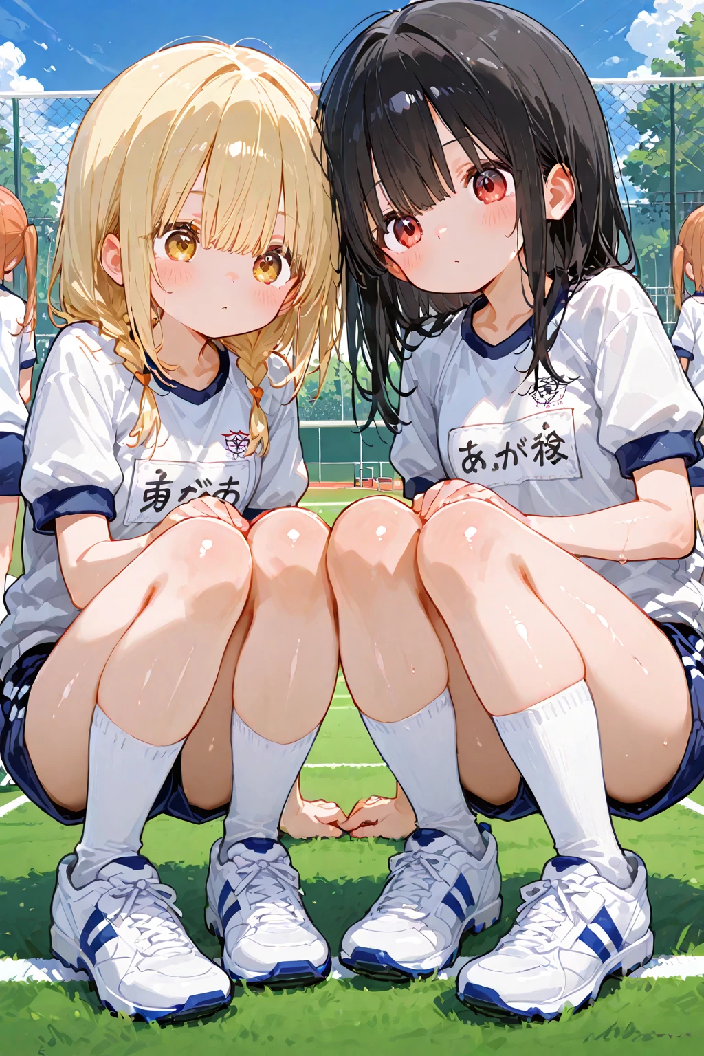 2girls, nishikigi chisato, inoue takina, lycoris recoil, couple, perfect anatomy, symmetry, huge breasts, navyblue buruma, fullback buruma, gym uniform, white t-shirts, thighhighs, looking at viewer, shy, blush, masterpiece, best quality, very aesthetic, absurdres, anime,