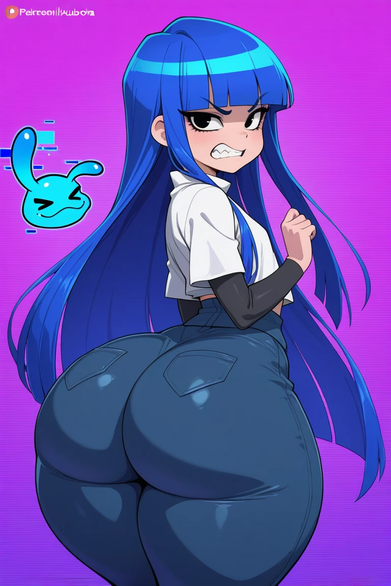 Garota pele branca, cabelo longo preto com mecha roxa na frente, camisa branca, couro, Jeans Pants, fundo branco, bunda grande, massive ass,