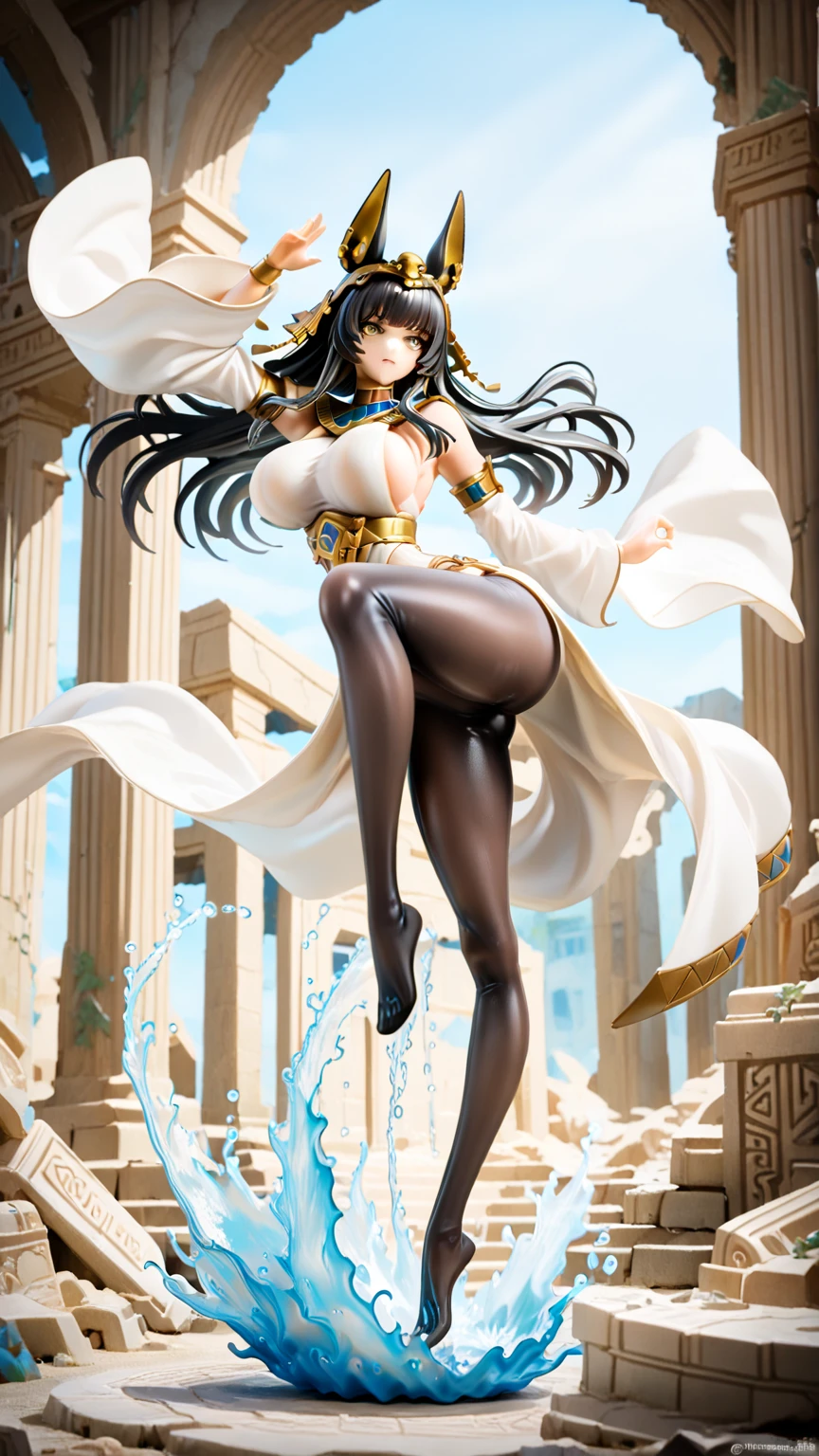 (masterpiece:1.37), best quality, (extremely detailed:1.37) plegianTh, two side up, hair ornament, feather hair ornament, bodystocking, bracelet, gold jewelry, bridal gauntlets, anklet, breasts, (wetting herself:2.0), standing straight, full body day, daytime, glow, facing viewer, perfect composition, full body, medieval, castle, desert