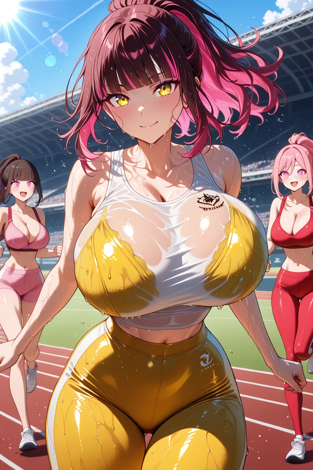 Woman doing athletics,(Highest quality,Extremely detailed depiction,Incredibly absurd high resolution,Anatomically accurate depiction),(Glowing Skin,Shiny skin,Sweat,Large Breasts),Jump,SFW:1.5,background:Athletics Stadium
