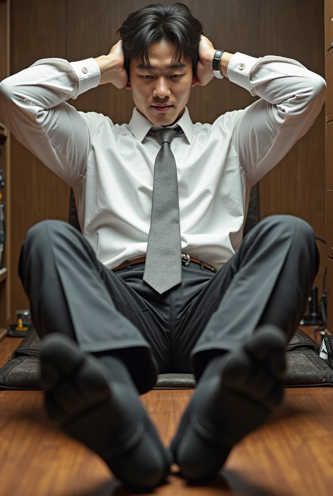 40 years old，Hidetoshi Nakata，（Kogoro Mori 1.3），Oriental face，whole body，Lean，muscle，office，Kneeling，black，foot，White socks，Baldhead ，transparent，Thick body hair，underwear，Topless，Densely hairy，Fortitude，HD，With a mustache