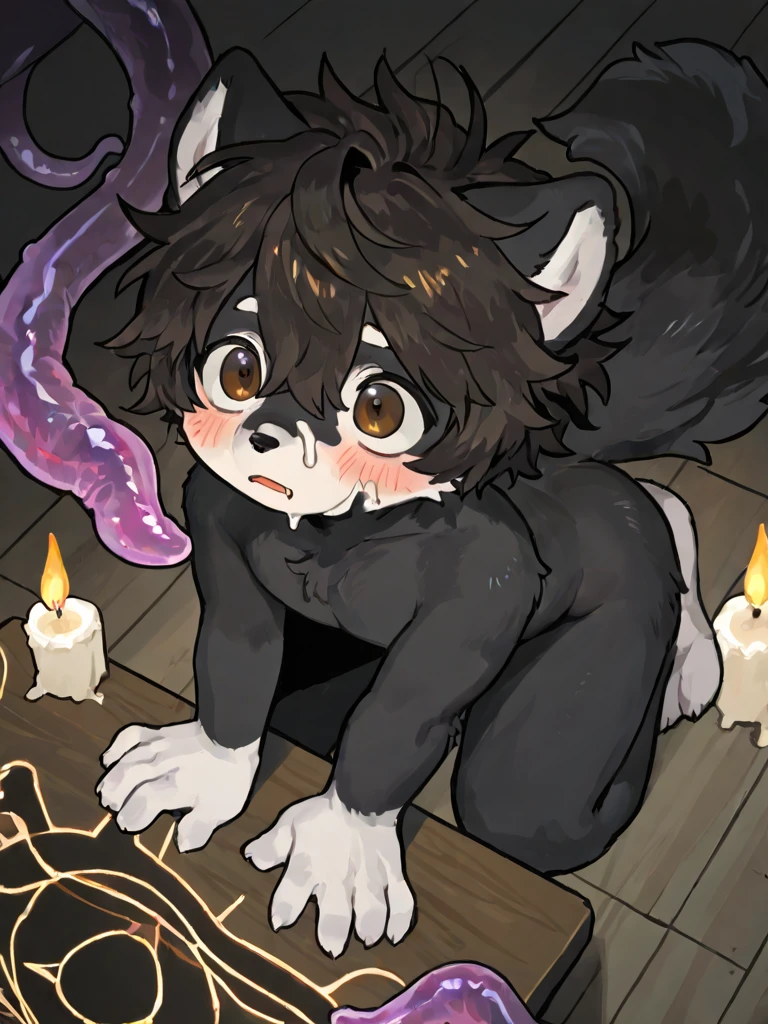 masterpiece, best quality, expressive eyes, perfect face, a toddler get transformed into a cuntboy, solo, surpriced expression, blushed, black hair, long hair, red baseball cap, brown eyes, full body, bare foot, naked, in a maze, pussy, glitter, magic circle in the floor, black cat ears, black cat tail, cat paws, fluffy cratch, fluffy chest