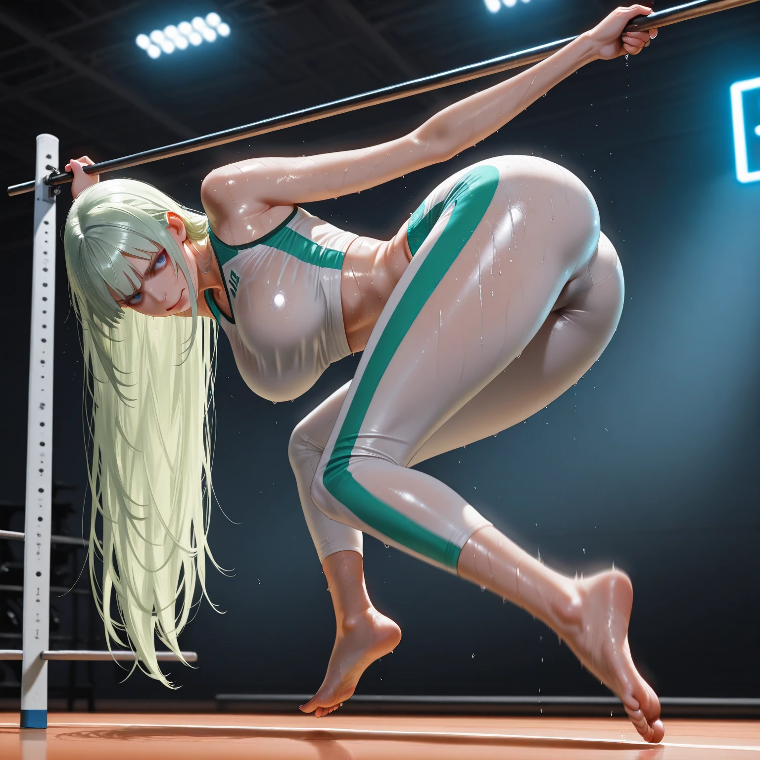 full body photographed、masterpiece、top-quality、hight resolution、Very Longhair、elvish、silber hair、Big green eyes、weak、High leg cut swimsuit、white sporty boots、Sweaty skin、Professional wrestling venues、professional wrestling、((On the ring of professional wrestling:1.1))、Red face、20 year old woman,Young Woman's ((She's standing:1.2))、(large full breasts:1.2)、sullenness