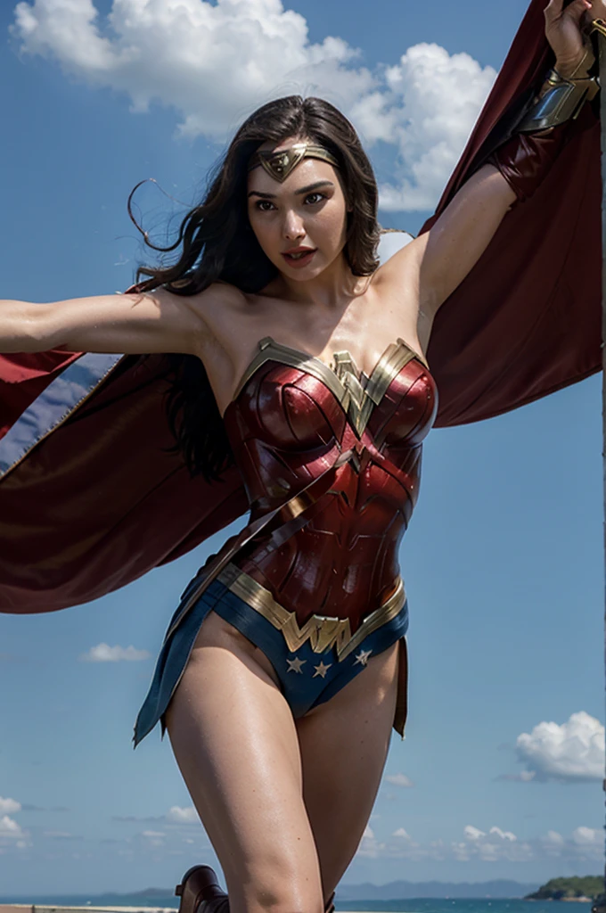 Wonder woman, Portrait photo by Altgarm, realism style, Glowing skin, Cartoon hero, Defined lips, Strong physical strength, Feminine body, Full body, viewer, Depth of field f/1.8, Building Street, natta, ultra wide lens, ((Shooting from below)), (large udder:1.2),