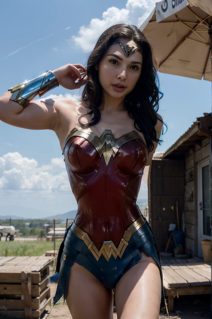 Wonder woman standing in the snow ( hands on hips) smiling (Best Quality)), (Ultra-detailed), (extremely detailed CG unified 8k wallpaper), Highly detailed, High-definition raw color photos, Professional Photography, Amazing face