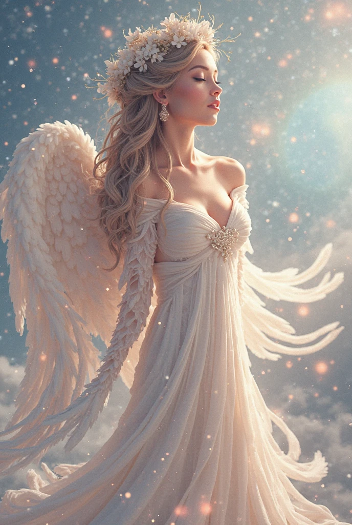 A beautiful angel with platinum white hair and delicate wings, dressed in a flowing white gown, stands above fluffy clouds and golden light falling from above. The angel is surrounded by bright stars of many colors and a soft glow illuminates his ethereal beauty. The image radiates a mystical, dreamlike quality with soft focus and warm tones, creating a sense of serenity and grace. The composition focuses on the angel, drawing the viewer's attention to her peaceful expression and radiant presence.