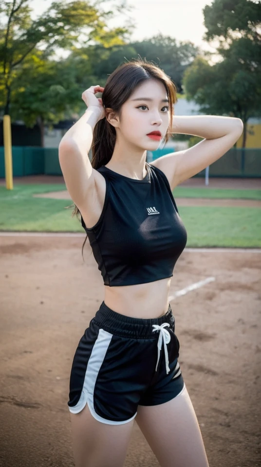 1girl, 25 years old, tomboy, ((Thick body:0.8)), (Plump:0.8), posing arrogantly to viewer, beautiful arrogant face, (solo:1), pov, basketball court, ((outdoor)), 3/4 body, hot pants, strapless sport bra, large breasts, sweaty