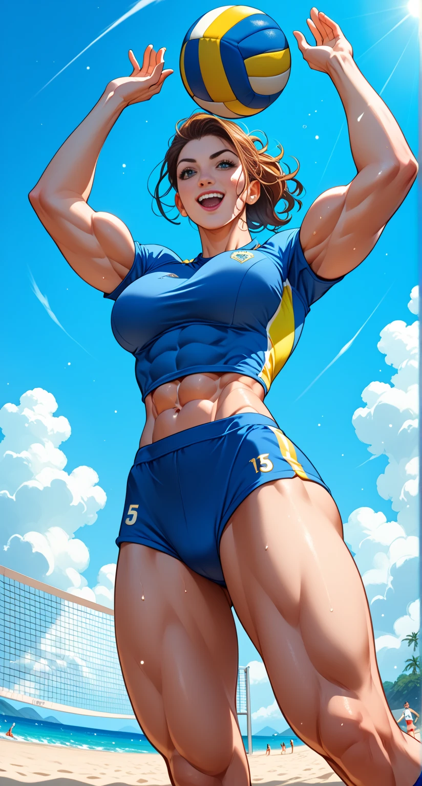 8k,best qualityer,work of art,extremely detaild,realisitic,Jgarota,european  woman,(breasts big:1.2),neckleace,[[camel toe]],muscular definition and glamorous body,(Tank Tops:1.3),(hot pants:1.3),hypdertailed,brunette hair,pretentious smile,(Sweat on the breasts),(Fitness:1.3),defined abs, Visible veins, bodybuilder veins,looking ahead at viewer,cowboy shot,((beachfront:1.2)), volleyball player,
