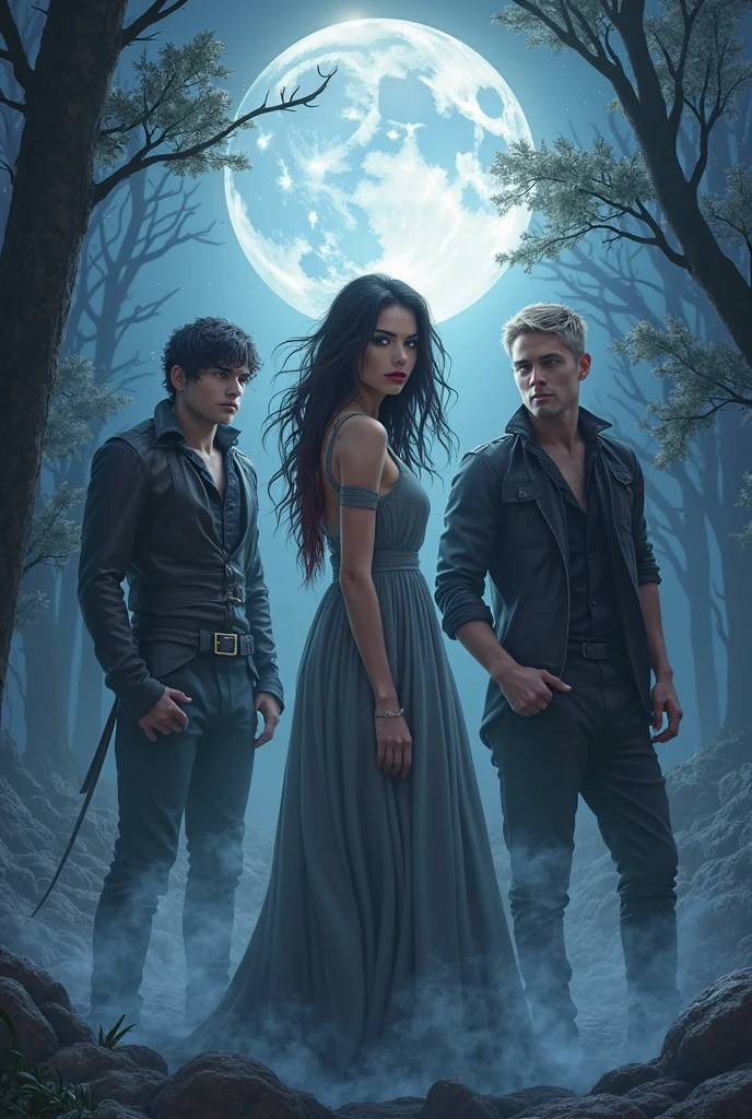 A girl with black curly hair, slim, beautiful, brown eyes and wearing a wine red dress. A black-haired boy with curly hair, grey eyes, tall and strong, full of tattoos with a gun in his hand. They are both in a forest, the forest is dark and it is night, Behind them you can see the shadow of a tall, hooded man holding a gun in his hand. 