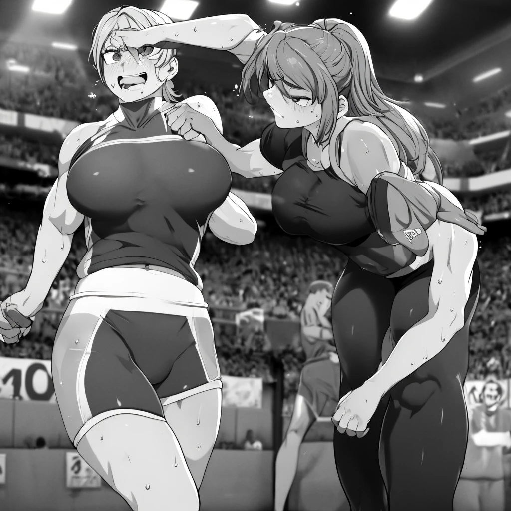 Masterpiece、Highest quality、Full Color、Photorealistic、とても分厚い筋肉女子wrestling、Dynamic Pose、leotard、Dazzling Light、wrestling、An enthusiastic crowd watches、Two very thick muscle girls in sheer latex wrestling outfits posing for a photo、very macho、Sweaty and intense orgasm face、４人のマッチョ女子wrestlingラー、Intense lesbian sex,Fight between women、Sweaty, intense orgasmic spasms、