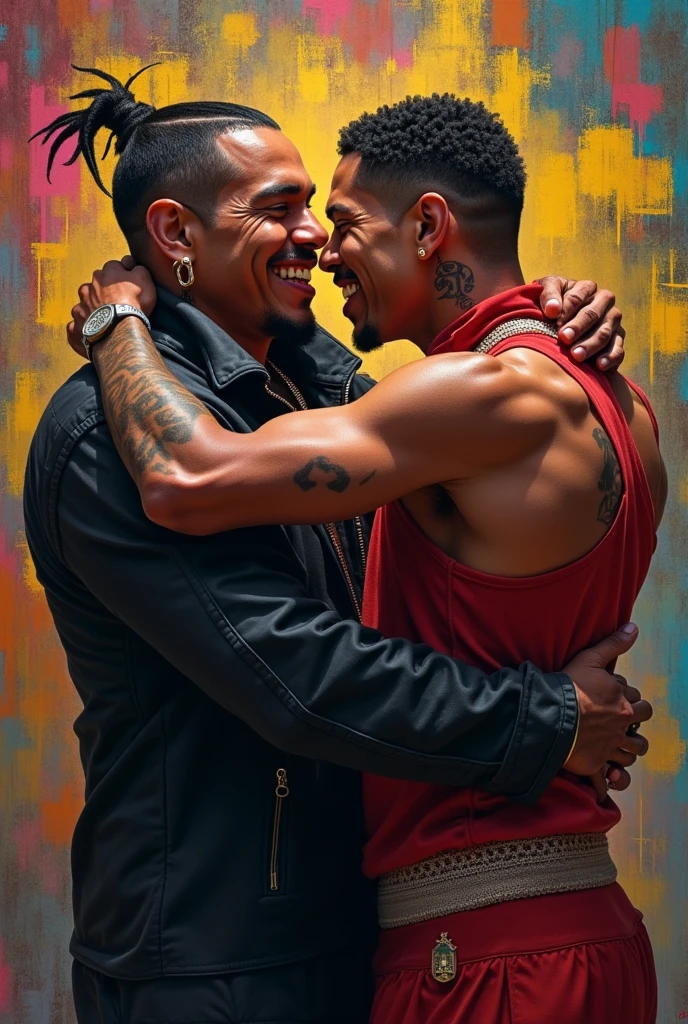 Homosexual couple, a boy with black hair tied up, tattooed and dark-skinned, another boy with red hair, shaved on one side, with a red dragon tattoo, white and chinese