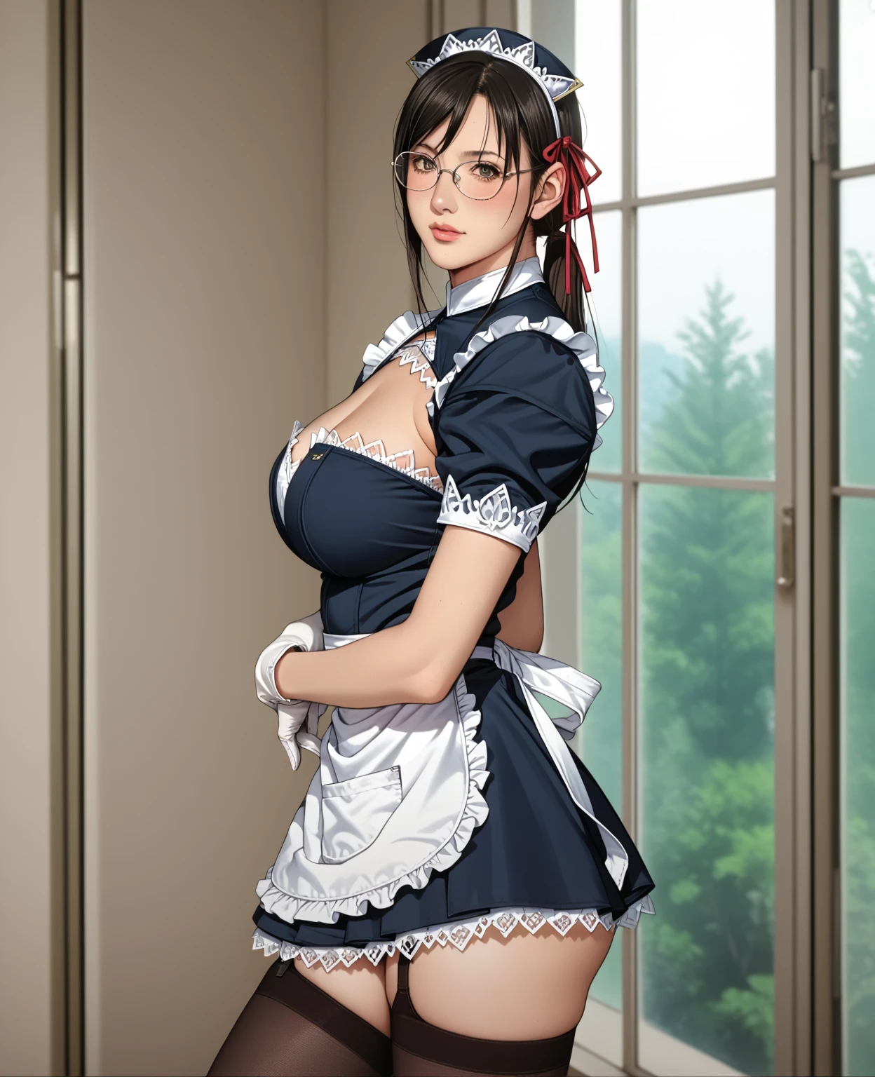 Photorealistic, high resolution, A Japanese Nurse named Jade, Solo, Hips up, (Detailed face), Black hair, Long hair, Blue Corset and Blue Panties, Stockings. Fully clothed Nurse Hat