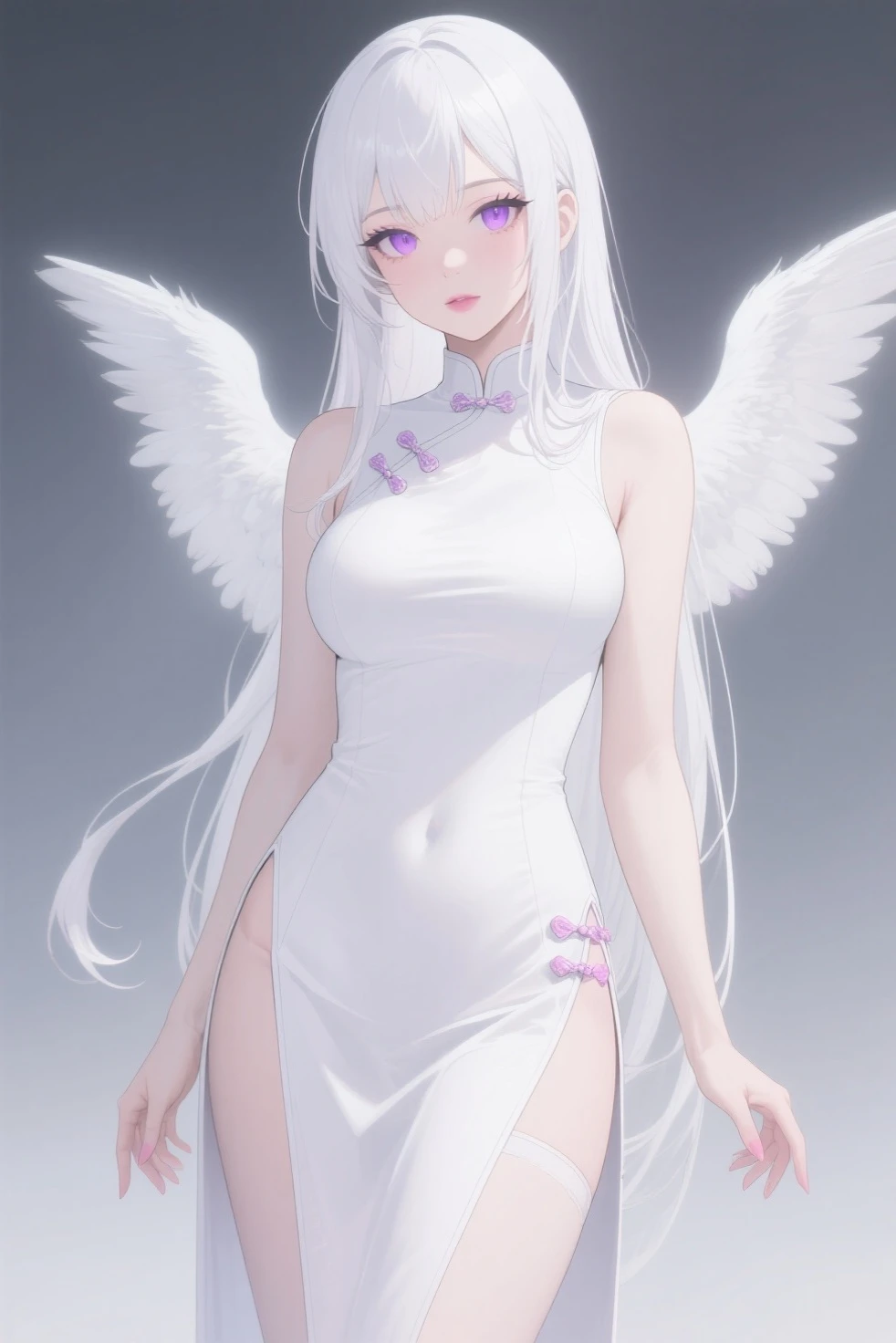 (Huang Li, high resolution, Super detailed, Unique),1 girl, Pure white background, Full body standing, elder sister, period, Elegant and sophisticated, On Chinese mini-dress, sleeveless, fair, Attractive, beautiful legs, high heels, (Nude:0.9)