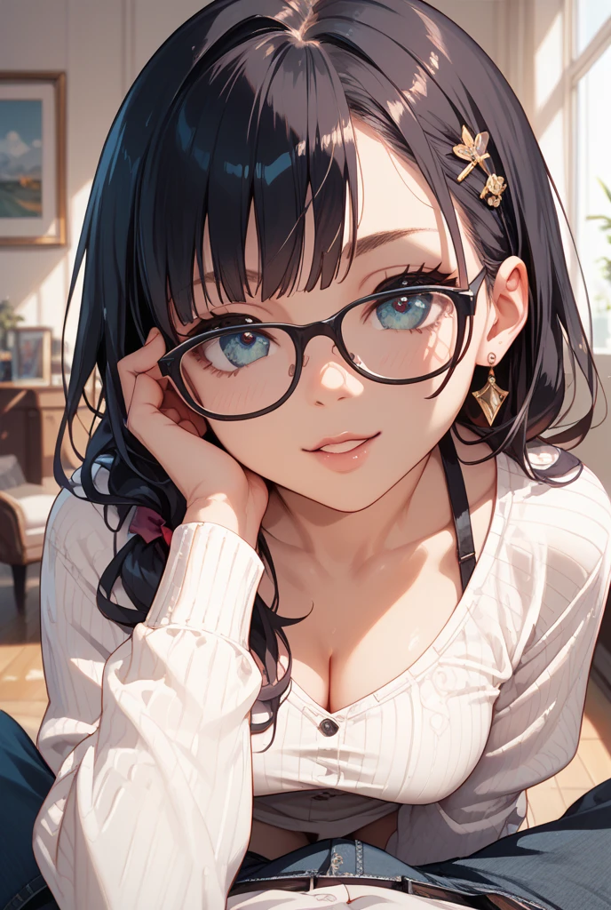 (best quality,4k,8k,highres,masterpiece:1.2),ultra-detailed,(realistic,photorealistic,photo-realistic:1.37), 1girl,rounded glasses,big glasses,beautiful detailed eyes, deep v cleavage, beautiful detailed lips,extremely detailed eyes and face,smiling,looking at the camera,short messy hair,dark-skinned, rounded eyes,cyan blue shirt,black shorts,close up,magazine shot,dynamic pose,studio lighting,vivid colors,portraits